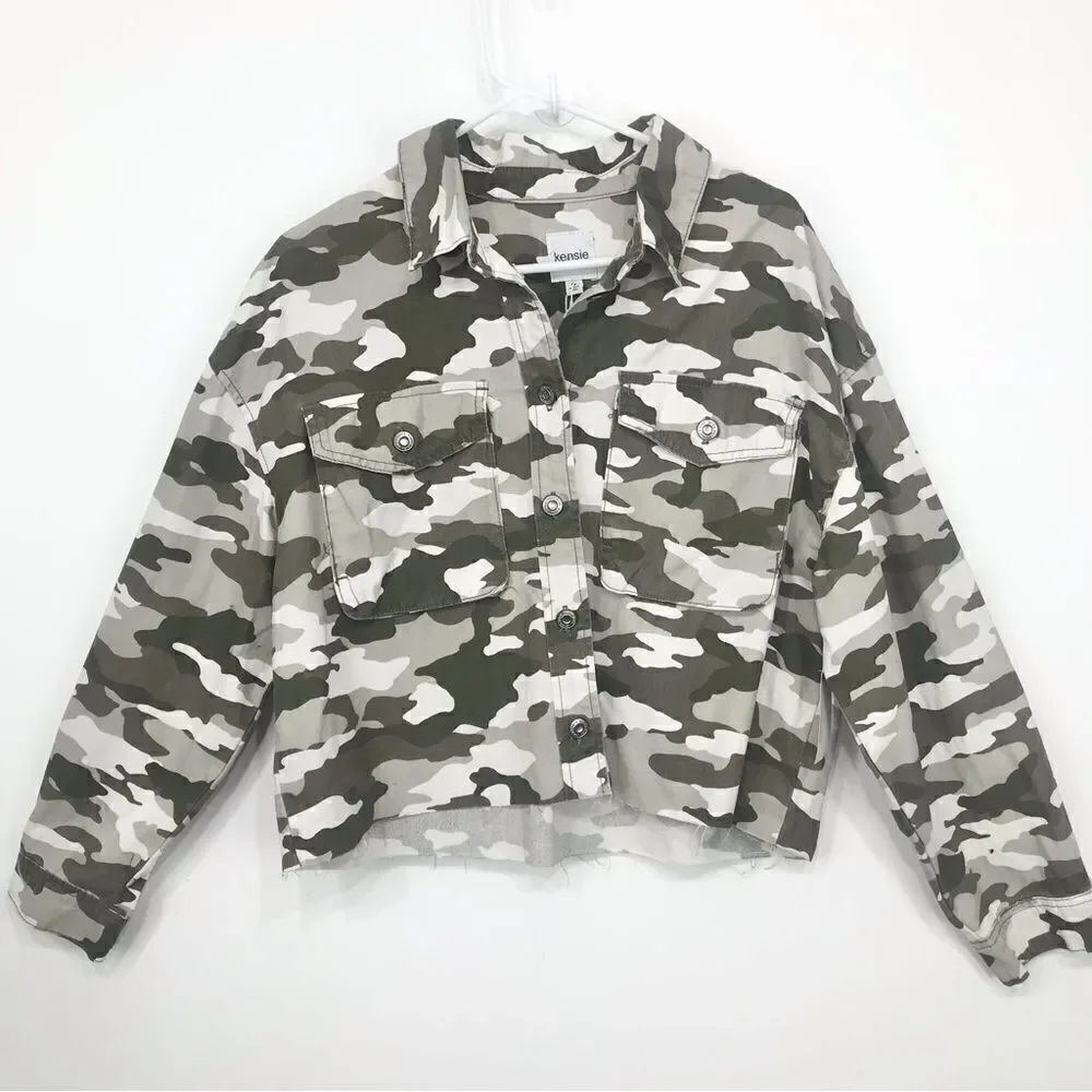 Kensie Green Fade Camouflage Raw Hem 100% Cotton Cropped Jean Jacket NEW